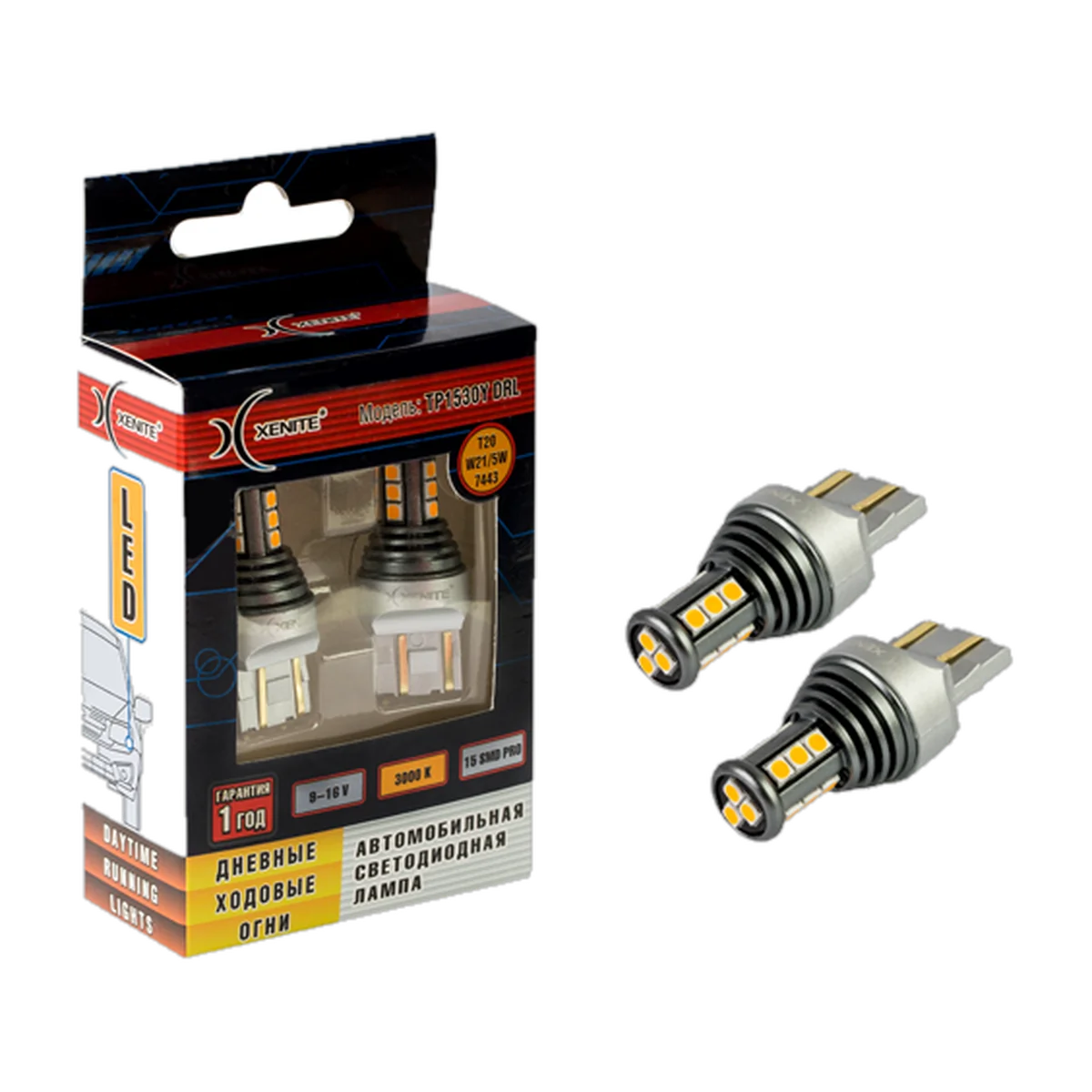 Автомобильные светодиодные лампы XENITE TP1530Y DRL (W21/5W) Янтарный 3000К 12V
